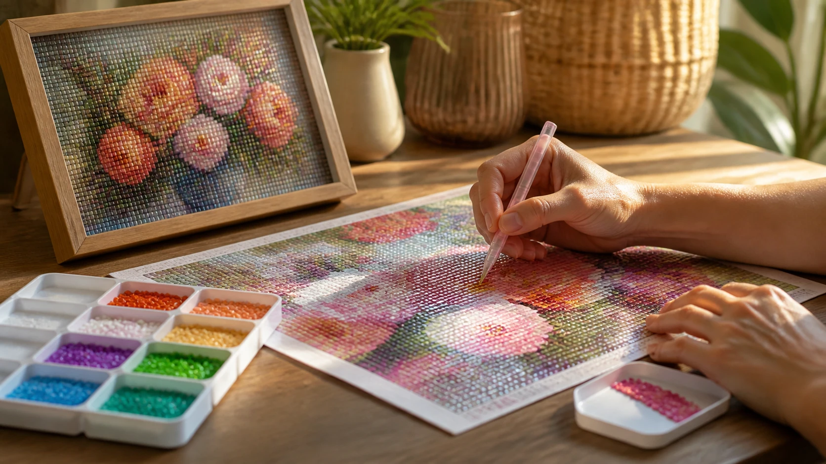 Hands creating a floral diamond painting at a home craft table