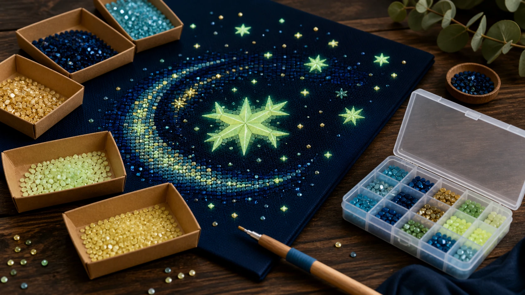 Glow-in-the-dark diamond painting stars with organised resin gem materials