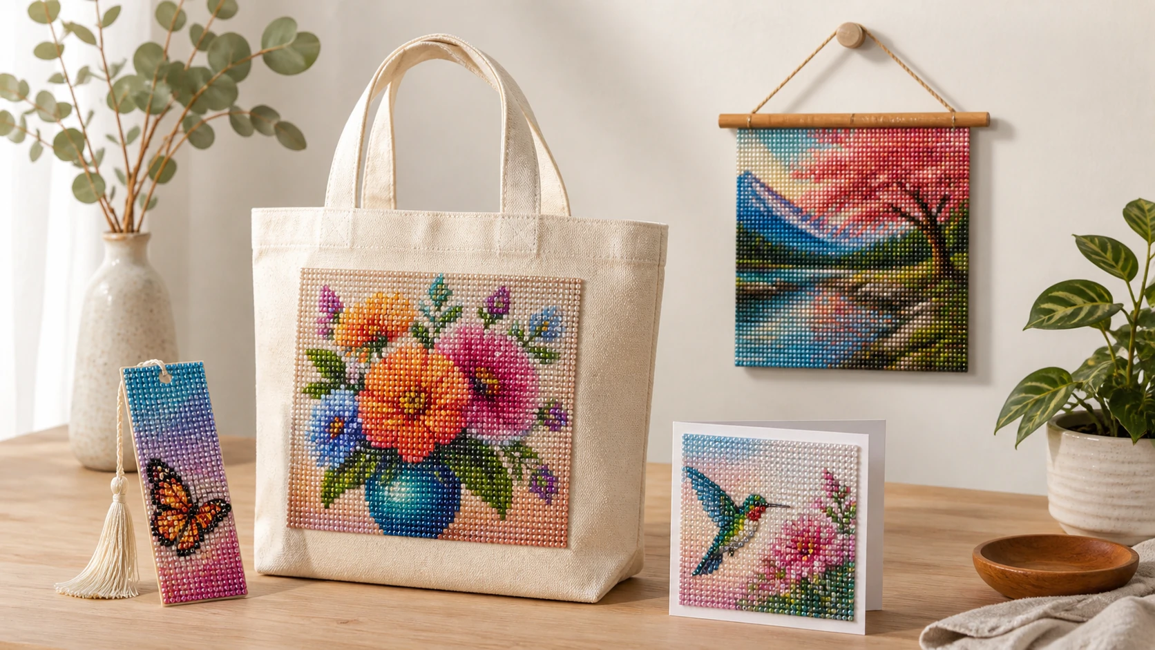 Diamond painting tote bag, bookmark, greeting card and decorative wall panel