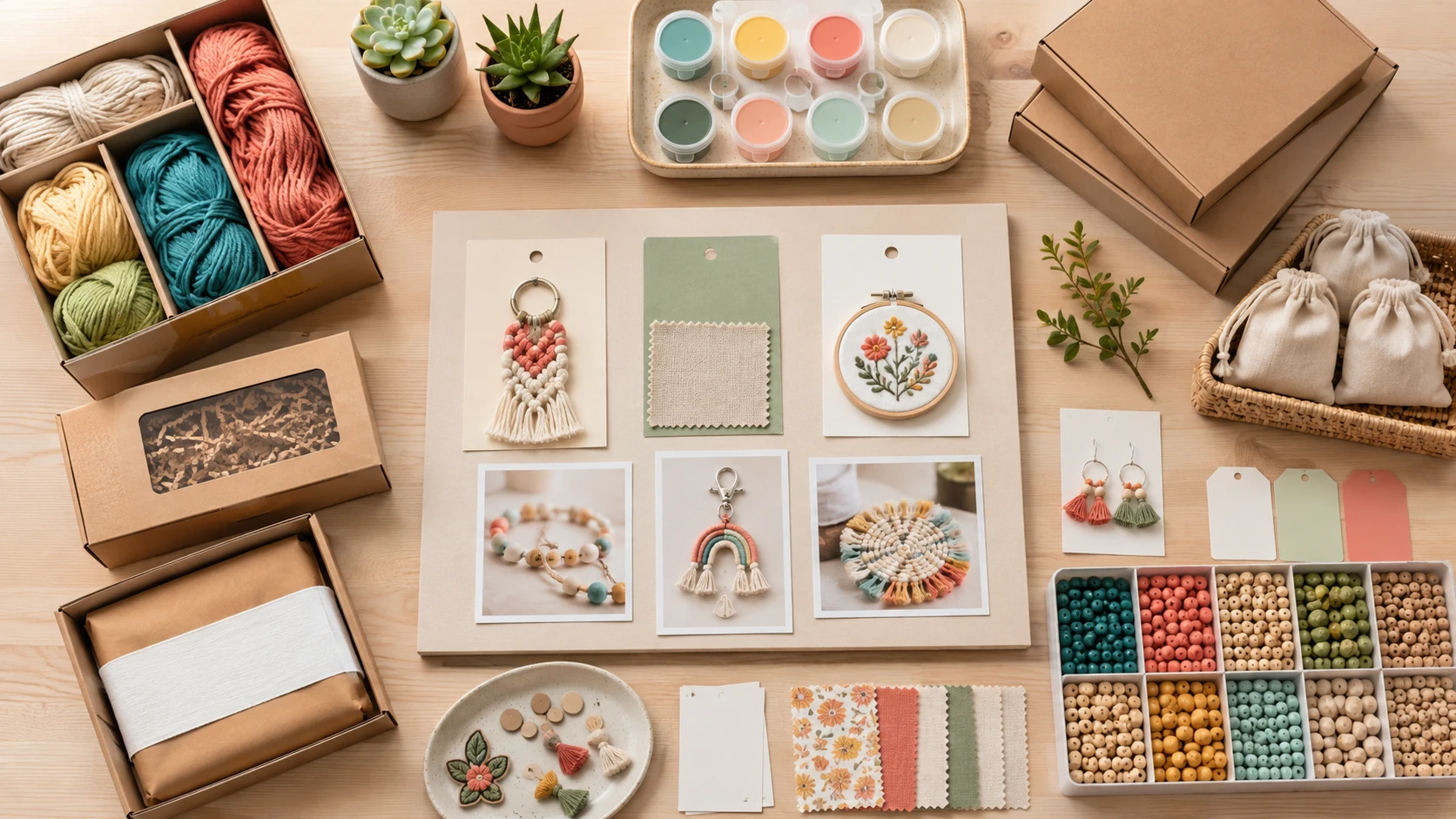 Top-down view of unbranded craft kit packaging, yarn, paint, beads, sample cards and product components