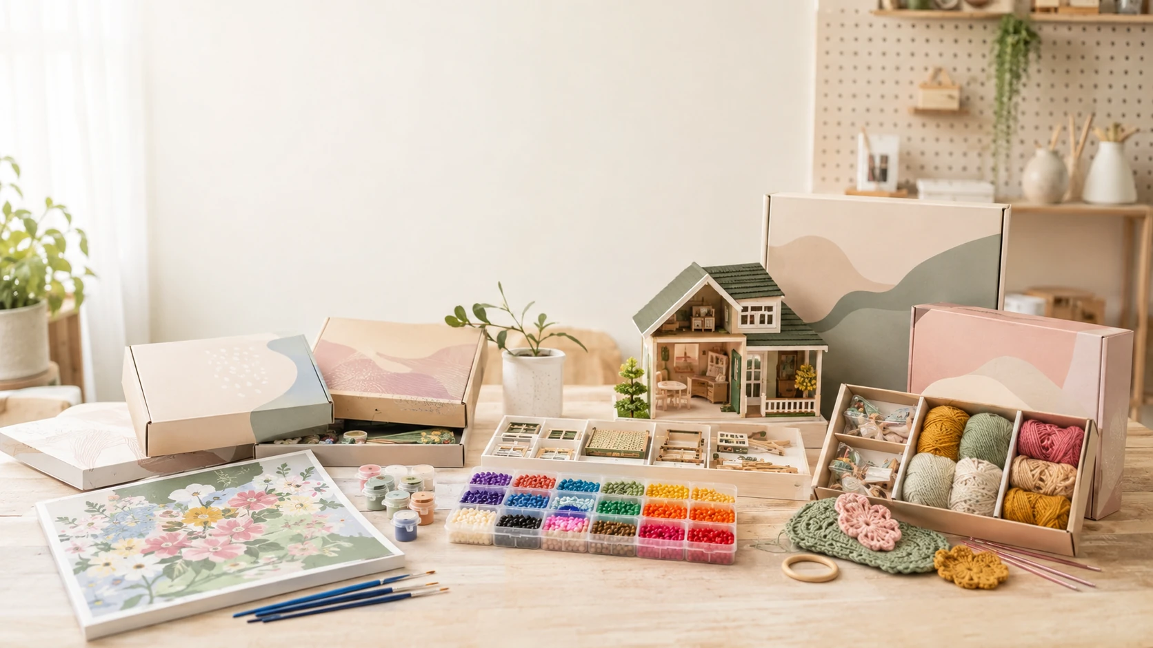 Assortment of unbranded DIY craft kits for retail range planning