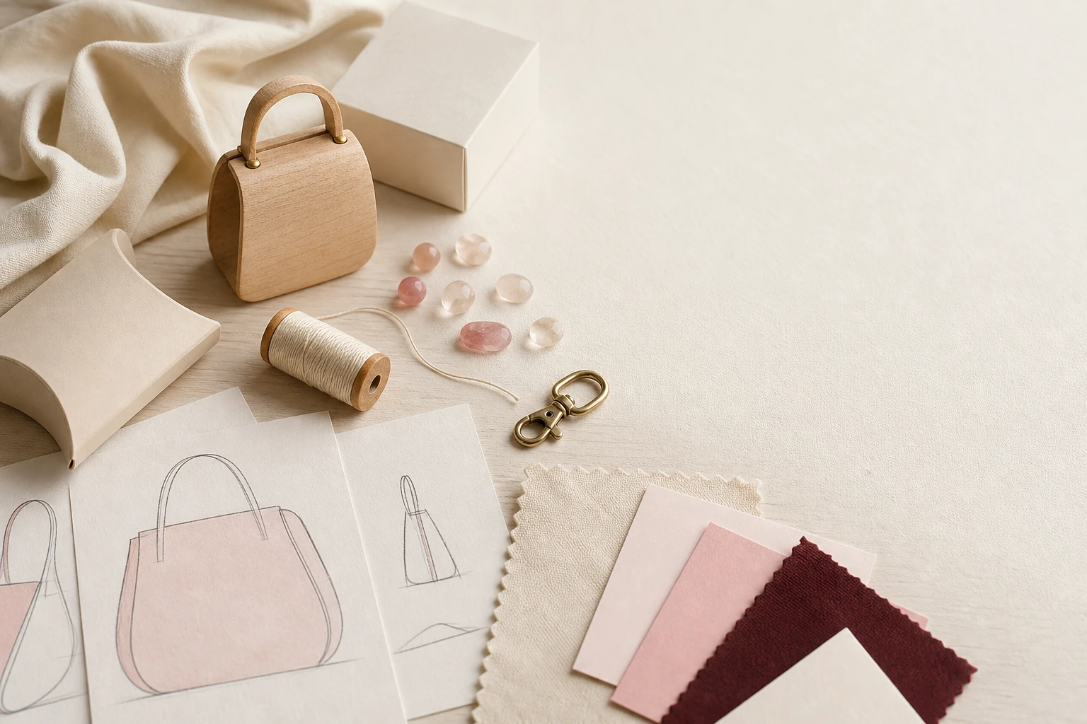 Product development desk with material swatches, craft materials and packaging mock-up pieces