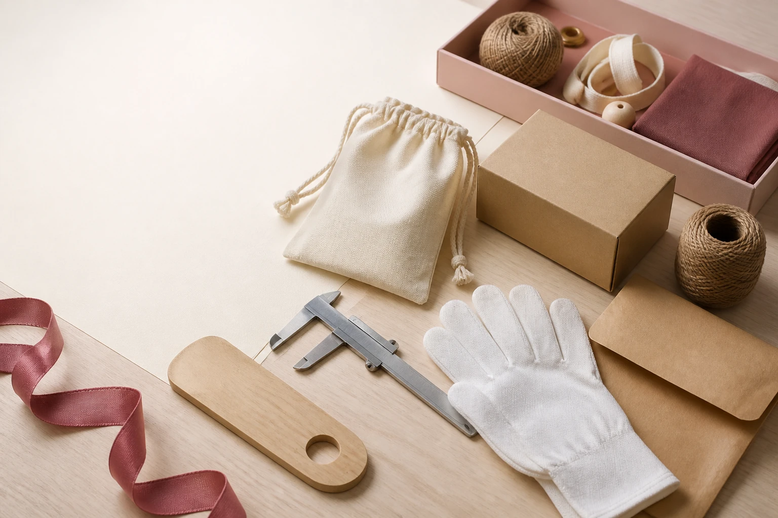 Design desk with a sample review, neutral packaging, inspection tools and shipping preparation