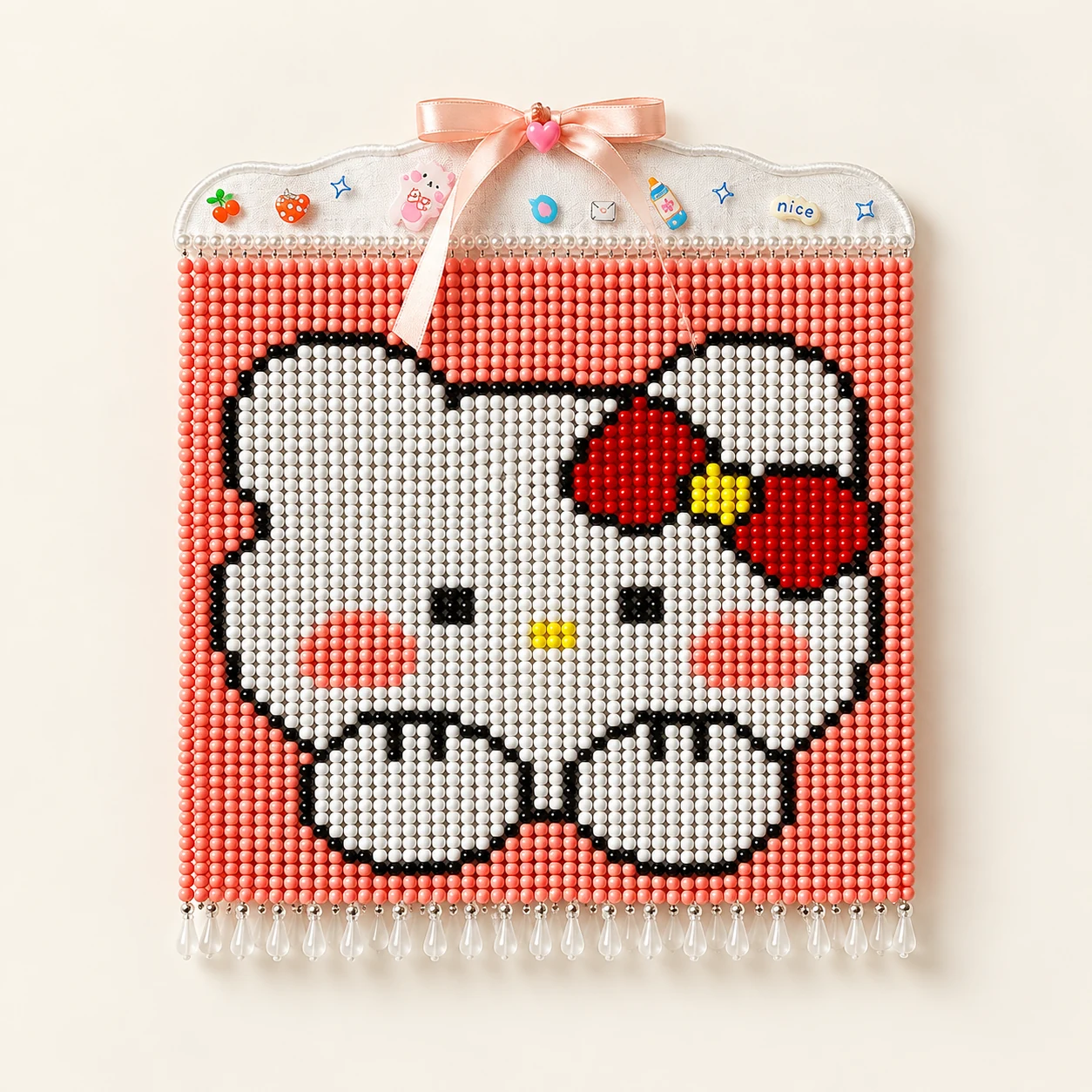 Beaded Wall Art Kit - White Kitty with Red Bow from the ZHONGYI Bead Curtain DIY Kits collection
