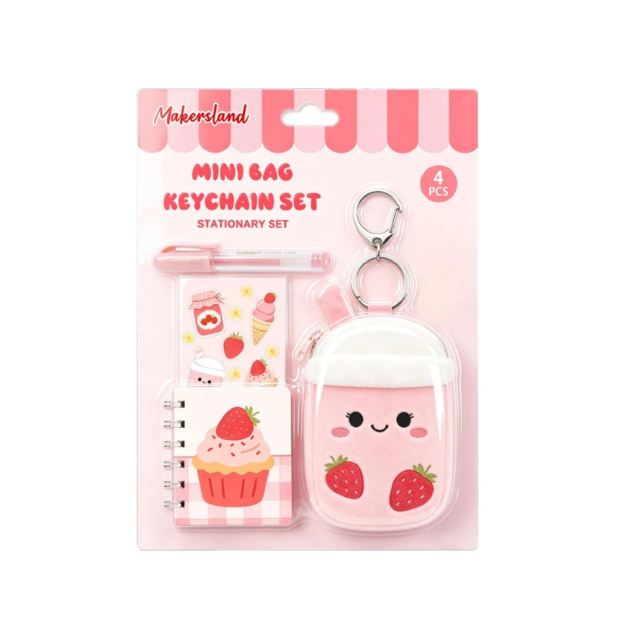 Strawberry Drink Mini Bag Stationery Keychain Set from the ZHONGYI Mini Bag Keychain Sets collection