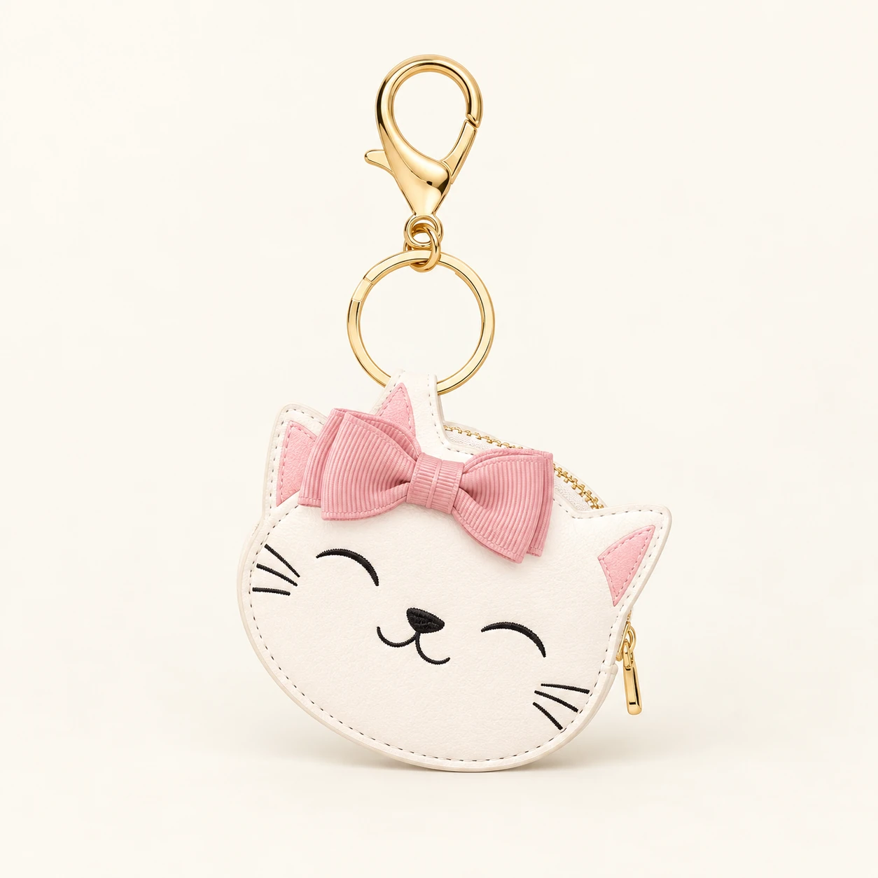 White Cat Pink Bow Zip Coin Purse Keychain from the ZHONGYI Zero Wallet Keychains collection