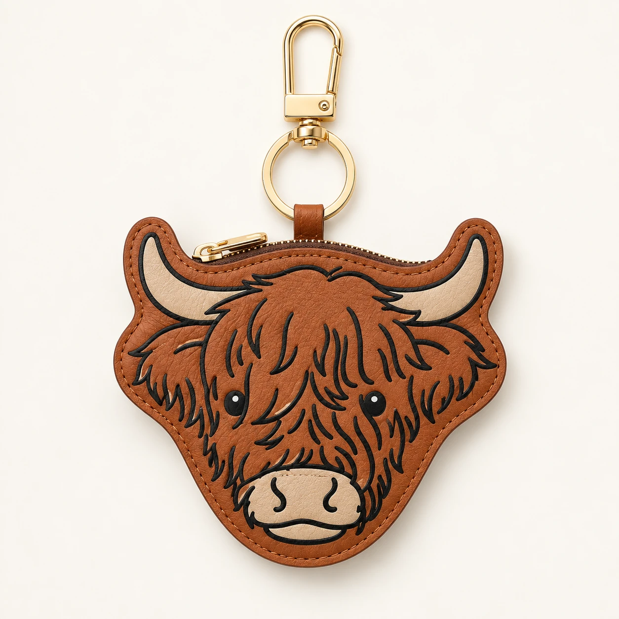 Highland Cow Faux Leather Zip Coin Purse Keychain from the ZHONGYI Zero Wallet Keychains collection